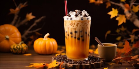 Bebida fria con hielo bubble tea especial halloween Pumpkin Spice Latte, bubble tea de calabaza con bolitas de tapioca 