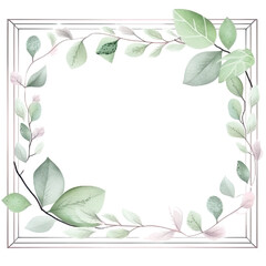 Watercolor eucalyptus leaves frame isolated .