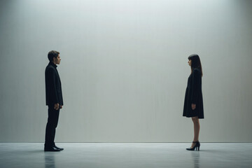 Man and woman stand facing each other, sense of confrontation and tension. Conflicts, communication breakdowns, and difficult conversations. Office dynamics, interpersonal relationships. AI generated