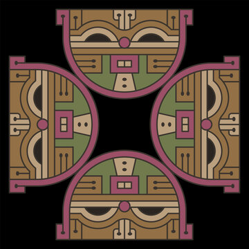 Square geometrical animal ornament with four stylized heads of cat. Native American animal design of ancient Peru. Paracas textile. On black background.