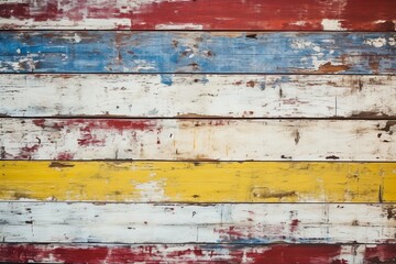 Texture of vintage wood boards with cracked paint of white, red, yellow and blue color. Horizontal retro background with wooden planks of different colors | Generative AI