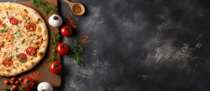 pizza or bread cutting board for homemade baking on a table. It's a food recipe concept with a stone