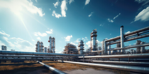 Industrial metal pipeline, oil and gas factory outside view in sunny day, blue sky. Industrial factory wallpaper.
