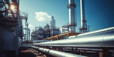 Industrial metal pipeline, oil and gas factory outside view in sunny day, blue sky. Industrial factory wallpaper. - obrazy, fototapety, plakaty