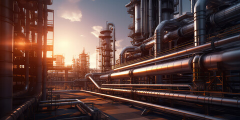 Industrial metal pipeline, oil and gas factory outside view in sunny day, blue sky. Evening sunset. Industrial factory wallpaper.