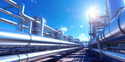 Industrial metal pipeline, oil and gas factory outside view in sunny day, blue sky. Industrial factory wallpaper.