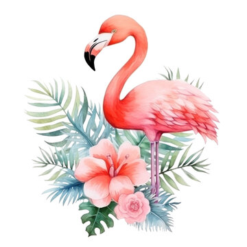 Cute watercolor flamingo with tropical flowers isolated © olegganko