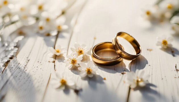 Wedding rings with small flowers and copy space
