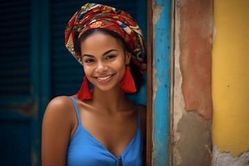 Obraz na płótnie Canvas Beautiful young cuban woman posing on a street Generative Ai