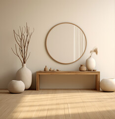Illustrationof mirror on wall, round, simple minimalist hallway with neutral tones 