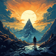Illustration of a solo traveler hiking a mountain range