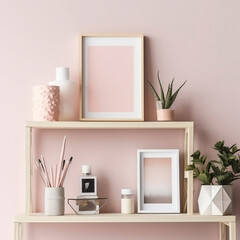 Illustration of girls shelf with pink wall and 2 photo frames 
