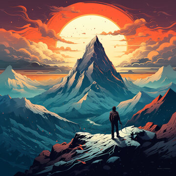 Illustration of a solo traveler hiking a mountain range