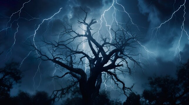 Dark illustration of spooky lightning in the night sky in the background. with dark tree silhouettes in the front. Ai generative art