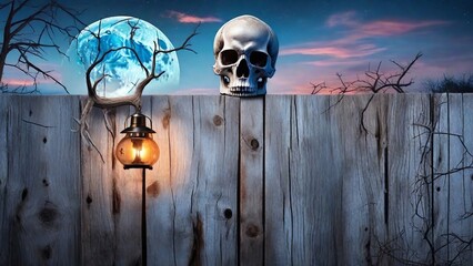 wooden board with skulls on a halloween background, horror background, Generative Ai