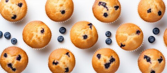 Muffins with blueberries arranged on a white background, photographed from a top view with space for