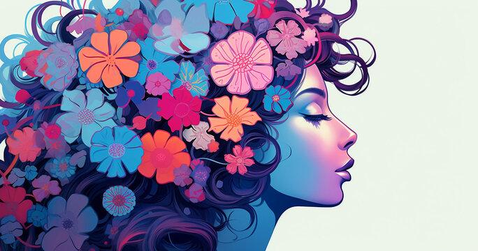 Illustration of profile of a woman with purple flowers in her hair 