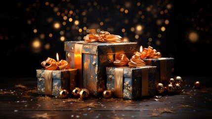 Fototapeta na wymiar Christmas Presents Isolated on a Bokeh Background, Christmas Gifts Isolated on a Bokeh Dark background, Christmas Patterned Gift Box. Happy New Year. Merry Christmas. Background with a copy space.