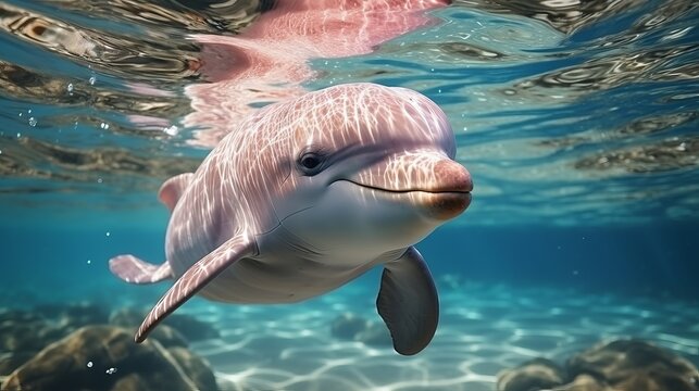 Pink dolphin, rare species of marine animal, Amazonian dolphin underwater. Generative AI