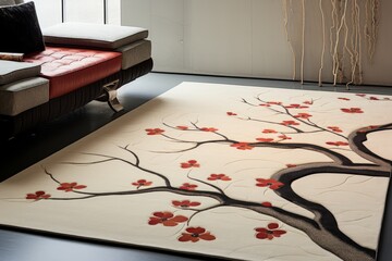 Alfombra tufting estilo japones aesthetic, decoración salón estilo japones, alfombra con diseño de cerezo en flor - obrazy, fototapety, plakaty