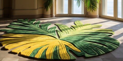 Alfombra tufting con colores tropicales, alfombra decorativa verde y amarilla con hojas de palmera - obrazy, fototapety, plakaty