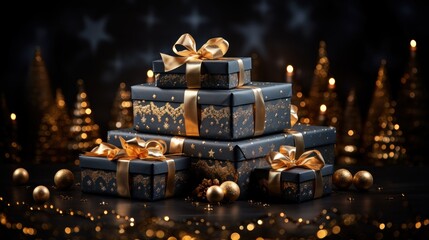 Christmas Presents Isolated on a Bokeh Background, Christmas Gifts Isolated on a Bokeh Dark background, Christmas Patterned Gift Box. Happy New Year. Merry Christmas. Background with a copy space.