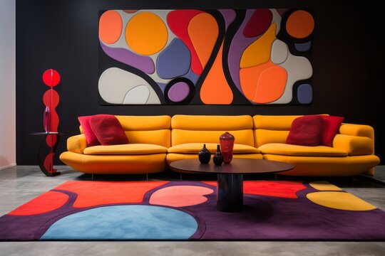 Decoraci&oacute;n groovy con alfombra tufting aesthetic, colorida decoraci&oacute;n estilo a&ntilde;os 60s, sal&oacute;n 70s psicod&eacute;lico 