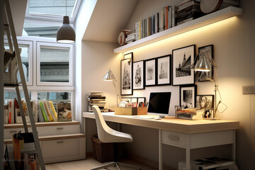 Cozy creative workplace at home. Room interior. AI generated