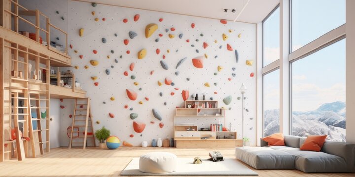 Aula juegos con roc&oacute;dromo, zona de juegos infantil para escalar con madera, escuela infantil peque&ntilde;os con pared para escalada y un sof&aacute;