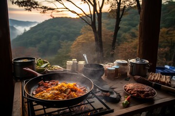 cenando al atardecer en la naturaleza, cocinando en el camping, comida de campamento, ruta de senderismo al anochecer