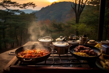 cocinando en la naturaleza, comida de camping, escapada romántica al bosque, barbacoa coreana en el campamento, comida de campamento  - obrazy, fototapety, plakaty