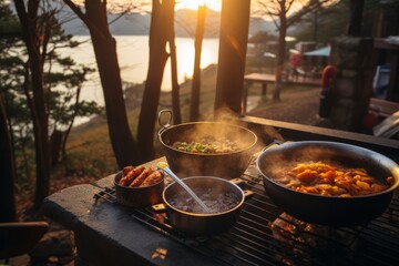 cocinando en la naturaleza al atardecer, cena en el bosque con vistas al lago, barbacoa coreana, cocinando en el camping - obrazy, fototapety, plakaty