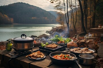 cocinando en la naturaleza, comida de camping, campamento familiar, barbacoa en el lago, carne en hoguera en el bosque  - obrazy, fototapety, plakaty