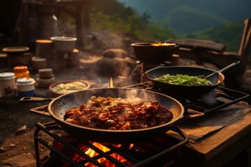 Cocinando en la naturaleza, sartén de hierro fundido cocinando en el campo, comida en el bosque, camping de supervivencia, comida de campamento  - obrazy, fototapety, plakaty