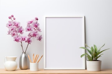 Mockup frame, Kitchen Mockup Frame Featuring Orchids on a Clean White Background. Generative AI