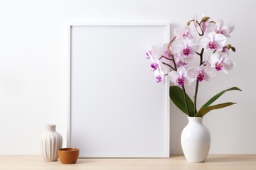 Mockup frame, Kitchen Mockup Frame Featuring Orchids on a Clean White Background. Generative AI