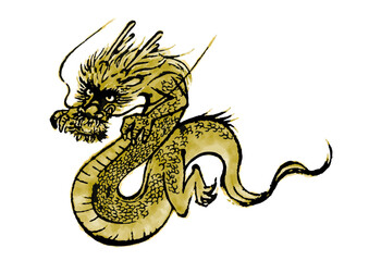 勇ましい金色の墨絵の龍