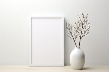 Mockup frame, Minimalistic White Table Accentuated by a Stylish Black Mockup Frame. Generative AI