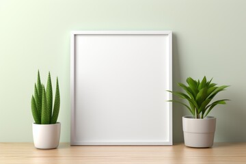 Mockup frame, Minimalistic White Table Accentuated by a Stylish Black Mockup Frame. Generative AI