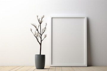 Mockup frame, Minimalistic White Table Accentuated by a Stylish Black Mockup Frame. Generative AI