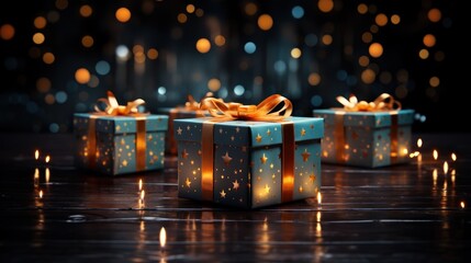 Christmas Presents Isolated on a Bokeh Dark background, Christmas Gifts Isolated on a Bokeh Dark background, Christmas Patterned Gift Box. Happy New Year. Merry Christmas. Background with a copy space - obrazy, fototapety, plakaty