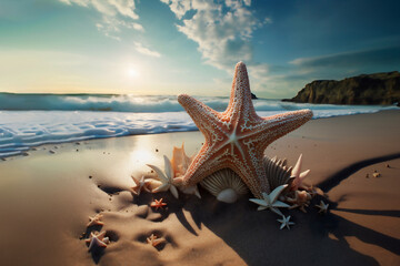 Fototapeta na wymiar Starfish on the beach in the sand against the background of the sea
