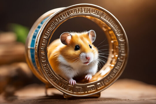 Fluffy beautiful hamster in a golden wheel