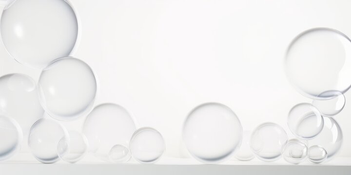 Esferas transparentes flotando sobre superficie blanca, Composici&oacute;n minimalista con burbujas de cristal, Dise&ntilde;o abstracto con esferas transl&uacute;cidas