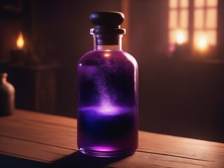 magical potion bottle of a deep purple color and magical light dust, sitting on a wooden table, magical light steaming from bottle, fantasy house