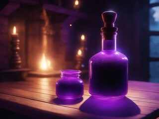 magical potion bottle of a deep purple color and magical light dust, sitting on a wooden table, magical light steaming from bottle, fantasy house