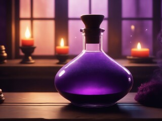 magical potion bottle of a deep purple color and magical light dust, sitting on a wooden table, magical light steaming from bottle, fantasy house