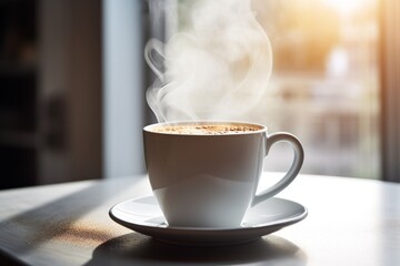Close up mug with aromatic coffee white cup of hot aroma cappuccino espresso latte steam smoke on table morning breakfast drinking tasty drink cafeteria cafe restaurant caffeine beverage energy dinner