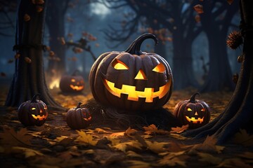 Illustration of glowing halloween pumpkins in dark forest