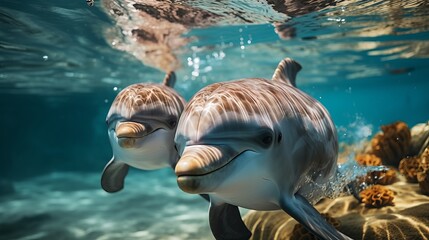 dolphins, a pair of marine animals close-up, fish head above the water. Friendly freshwater. 